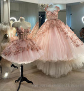 Princess Sparkly Sweetheart Semi Formal Prom Dresses with 3d Flowers, Pink Quinceanera Dresses